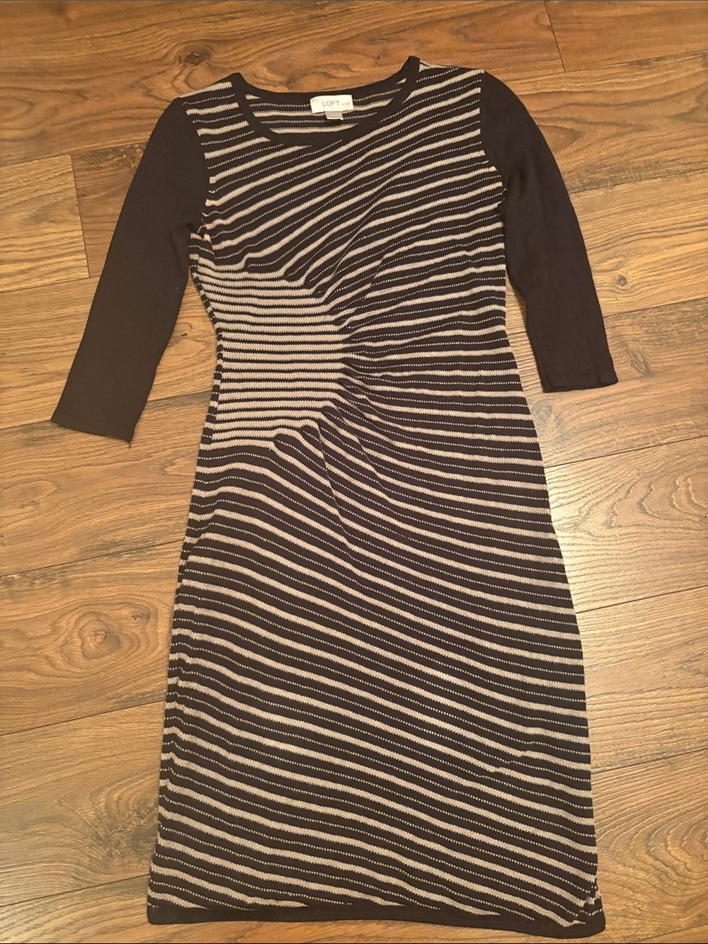 LOFT Petites Black and Tan Striped Knit Dress